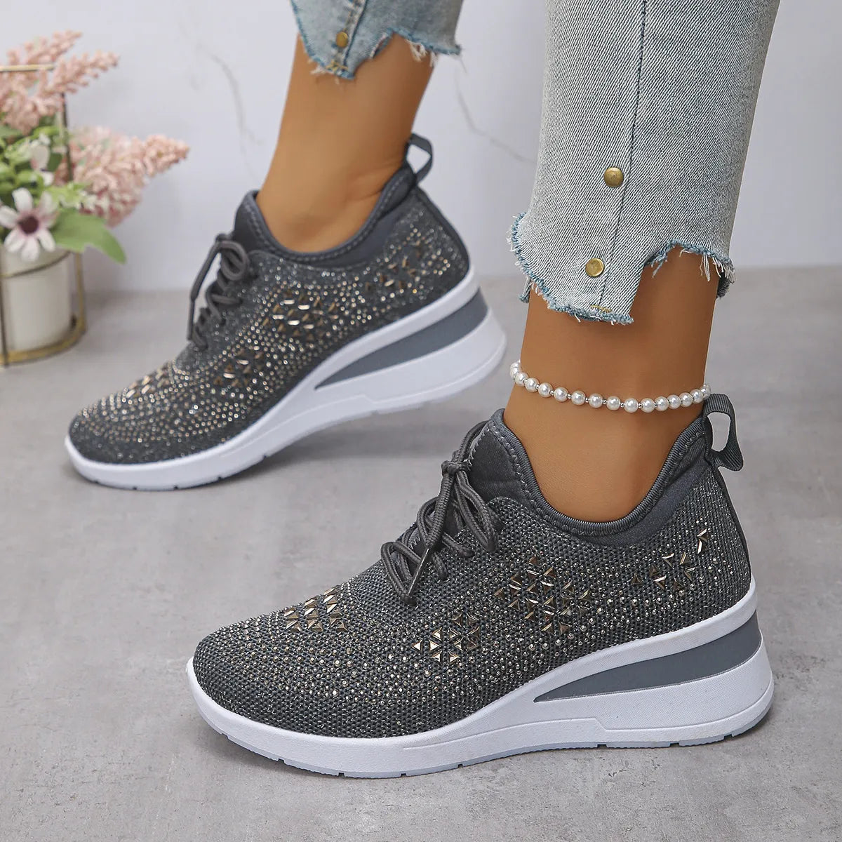 Breathable Mesh Rhinestone Wedge Athletic Sneakers - Lilixa.store