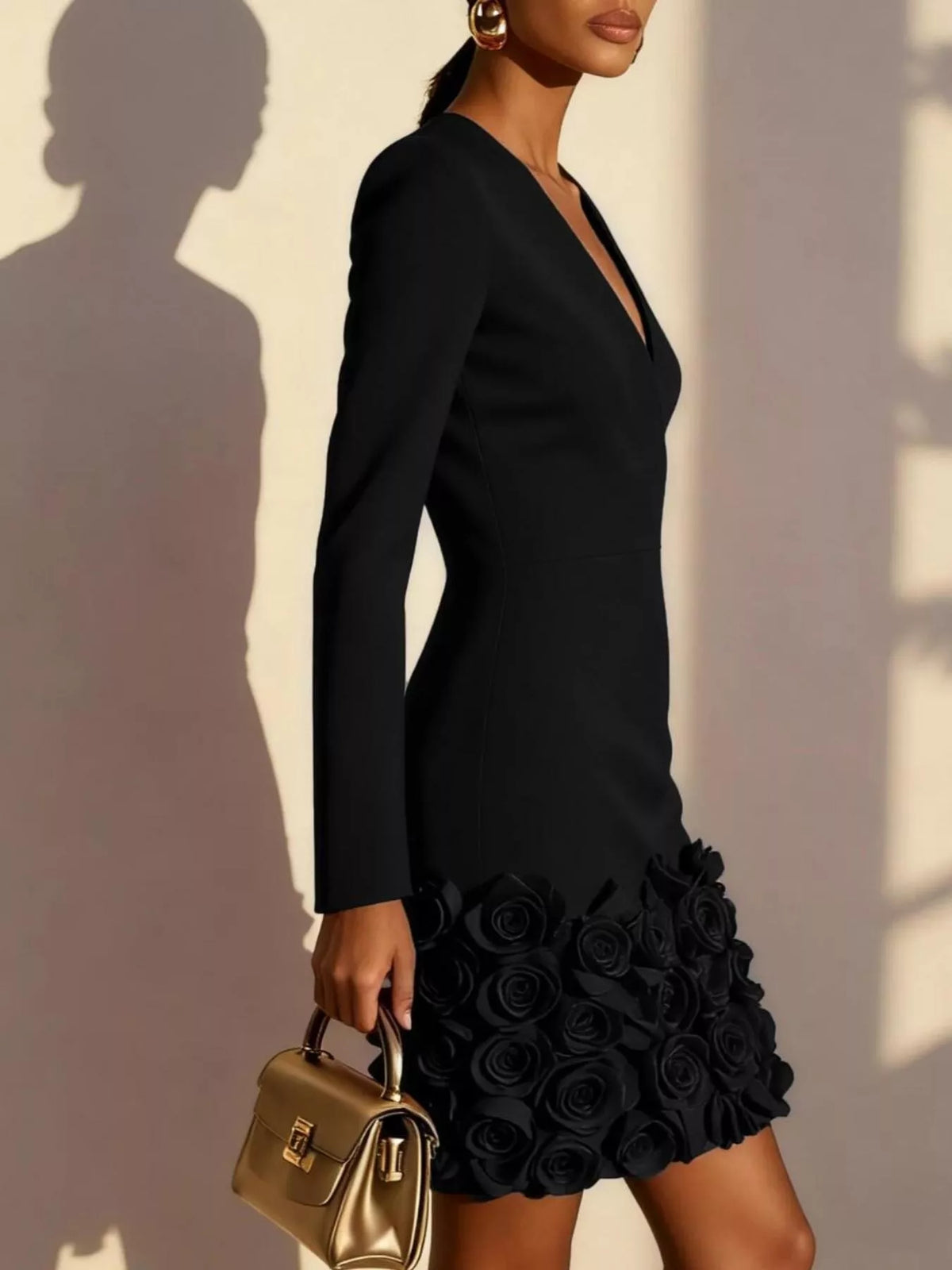 V-Neck Long Sleeve Mini Dress with 3D Rose Floral Hem, view 7