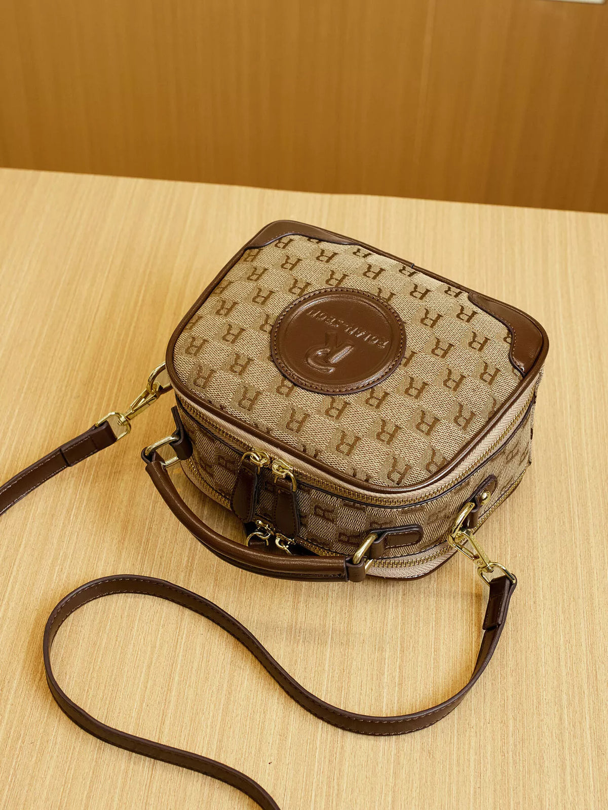 Monogram Pattern Crossbody Handbag with Top Handle in Camel, view 10