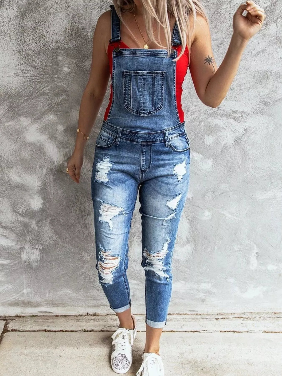 Wide Strap Distressed Denim Overalls - Lilixa.store