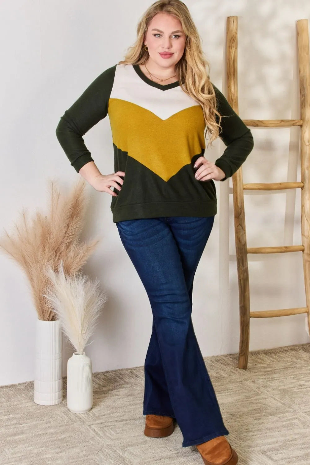 Hailey & Co Full Size Colorblock V-Neck Blouse - Lilixa.store