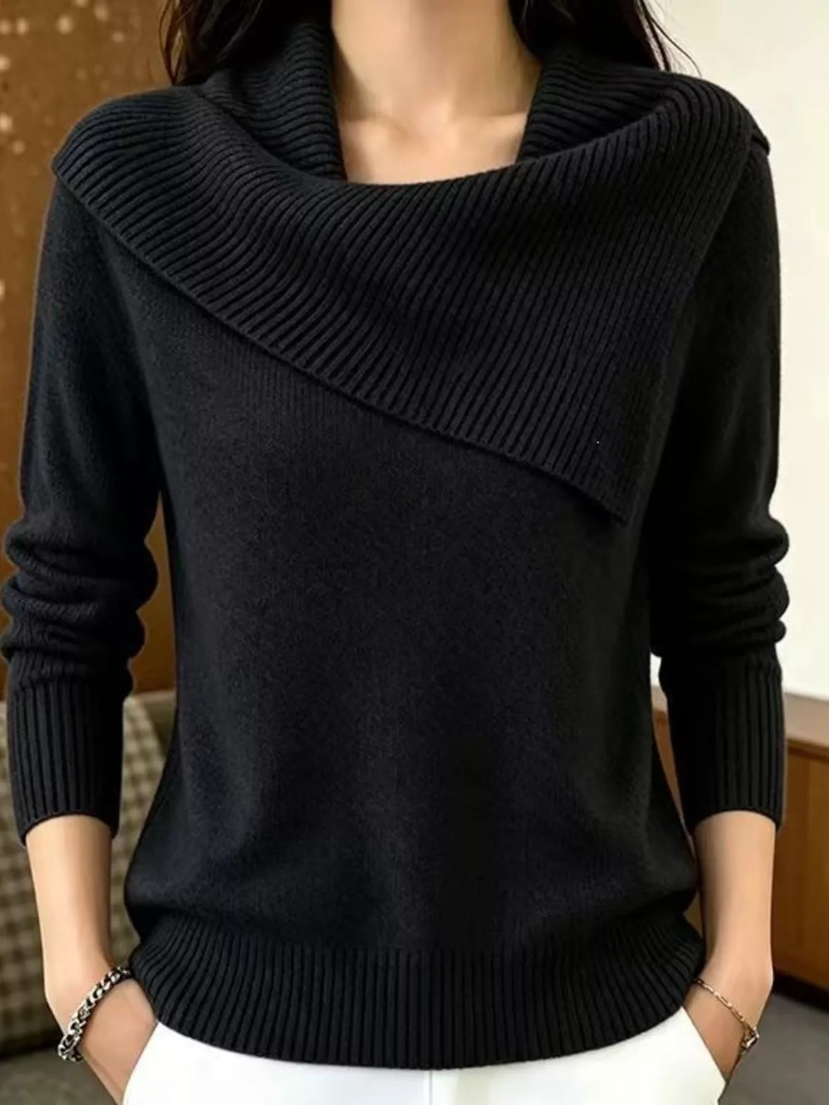 Full Size Asymmetric Ribbed Collar Sweater Plus Size