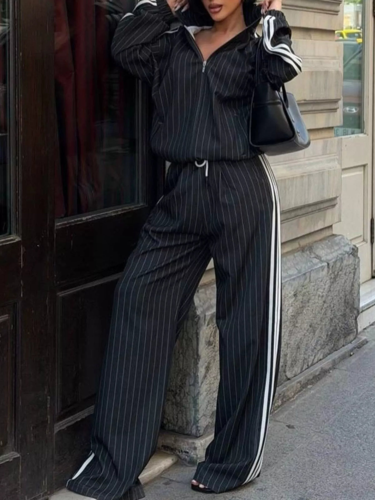 Side Stripe Zip Up Jacket and Pants Set - Lilixa.store