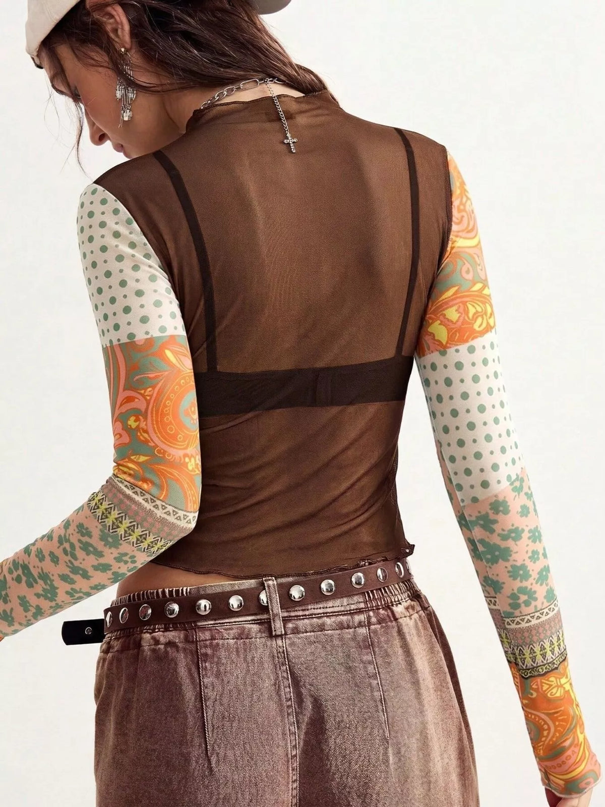 Floral Print Mesh Mock Neck Long Sleeve Top, view 4