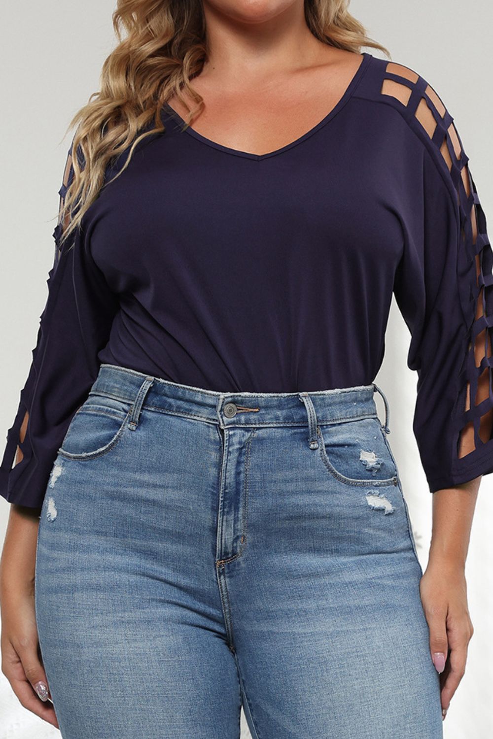 Plus Size Cutout Three-Quarter Sleeve Blouse, view 2