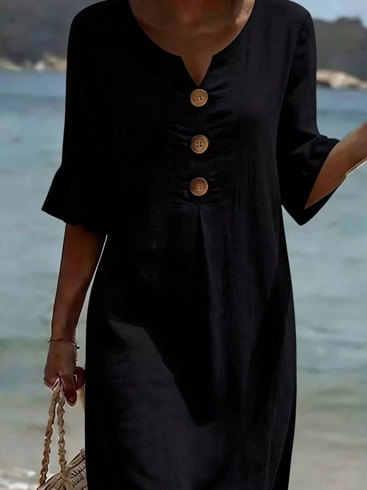 Full Size Decorative Button Ruffle Half Sleeve Dress Plus Size - Lilixa.store