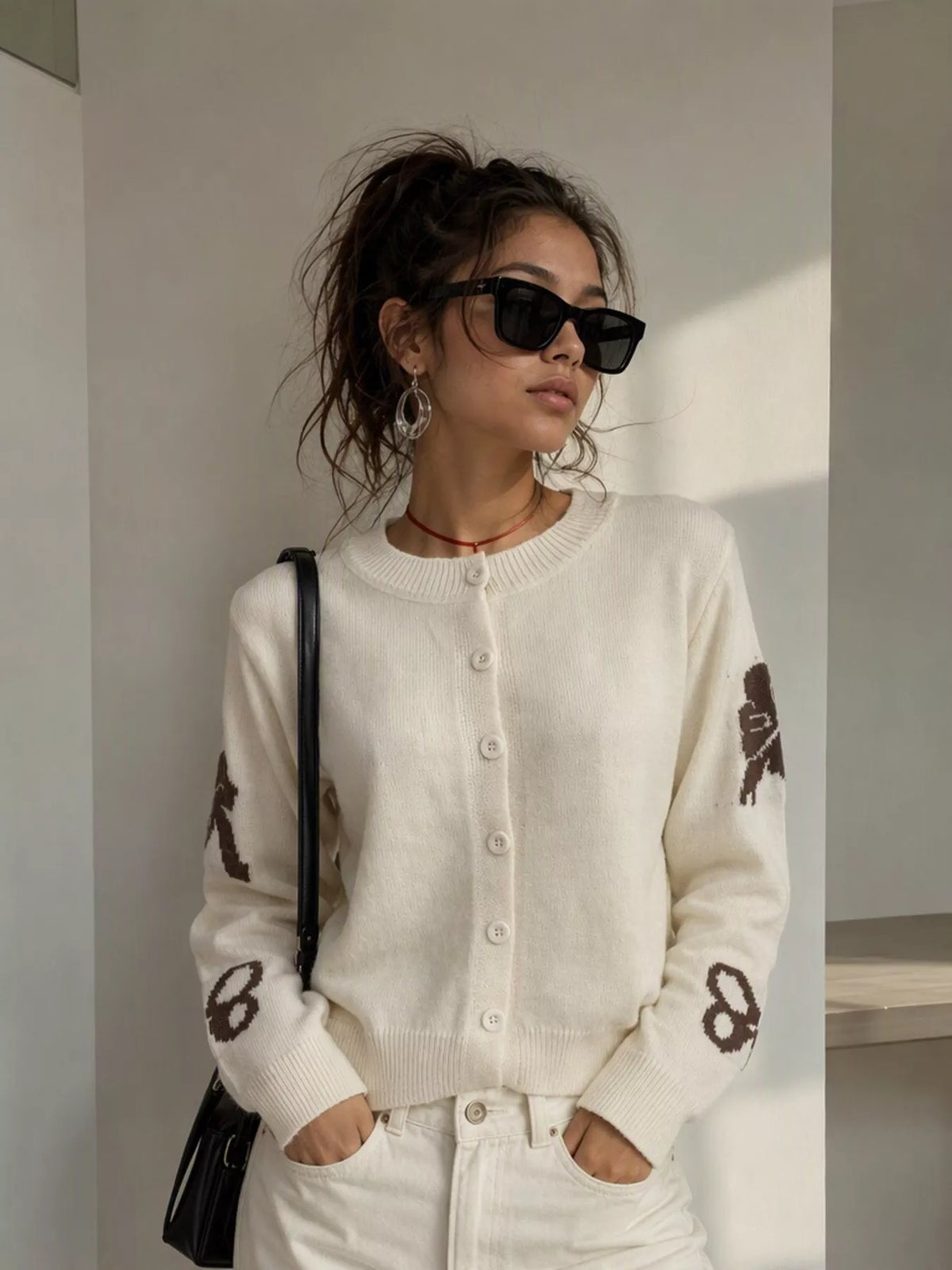 Floral Crew Neck Cropped Knit Cardigan, view 25