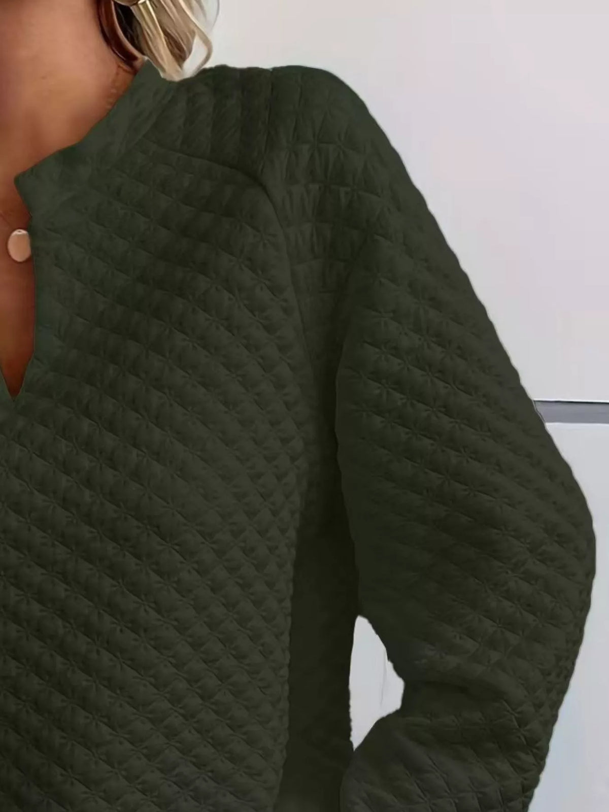 Quilted Texture Long Sleeve Sweatshirt with Notched Neck - Lilixa.store