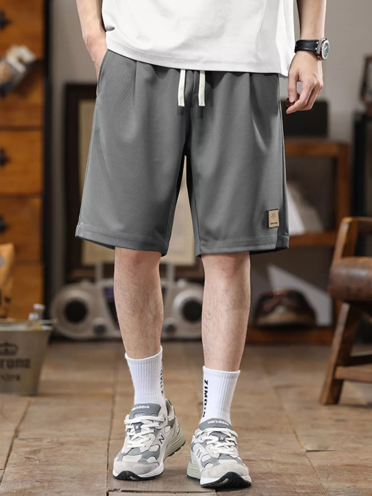 Men's Plus Size Casual Loose-Fit Drawstring Shorts in Grey
