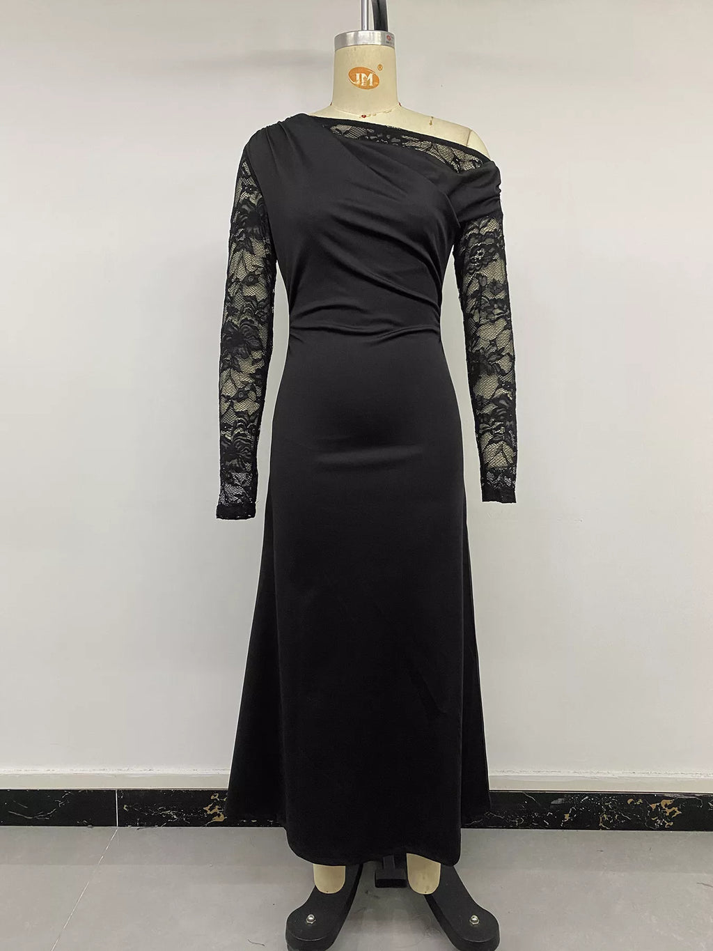 One-Shoulder Lace Sleeve Maxi Dress - Lilixa.store