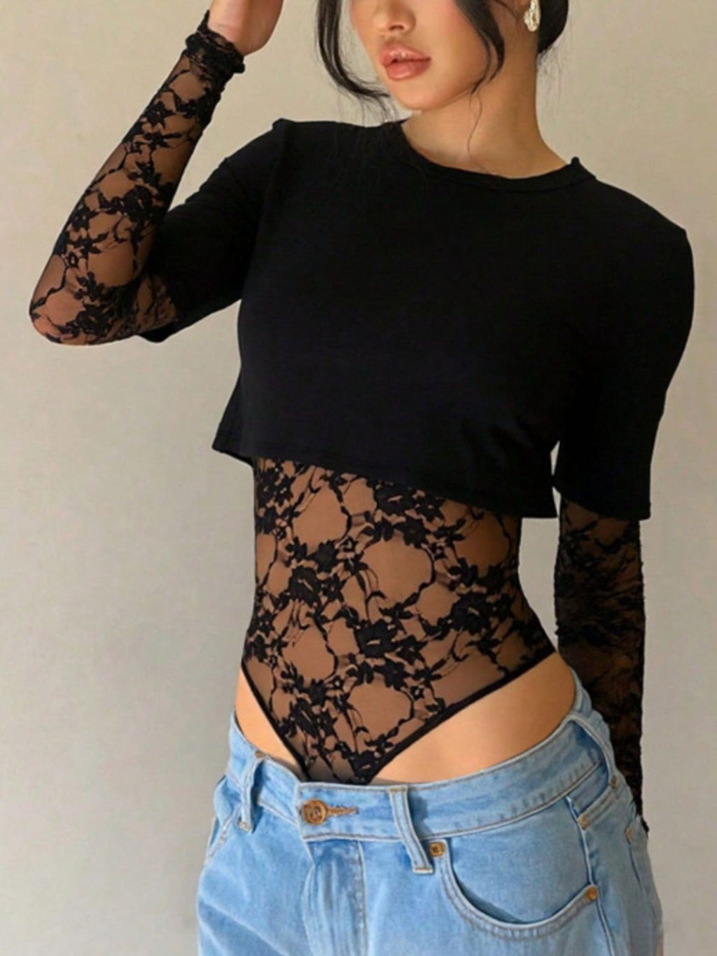 Lace Patchwork Round Neck Bodysuit - Lilixa.store
