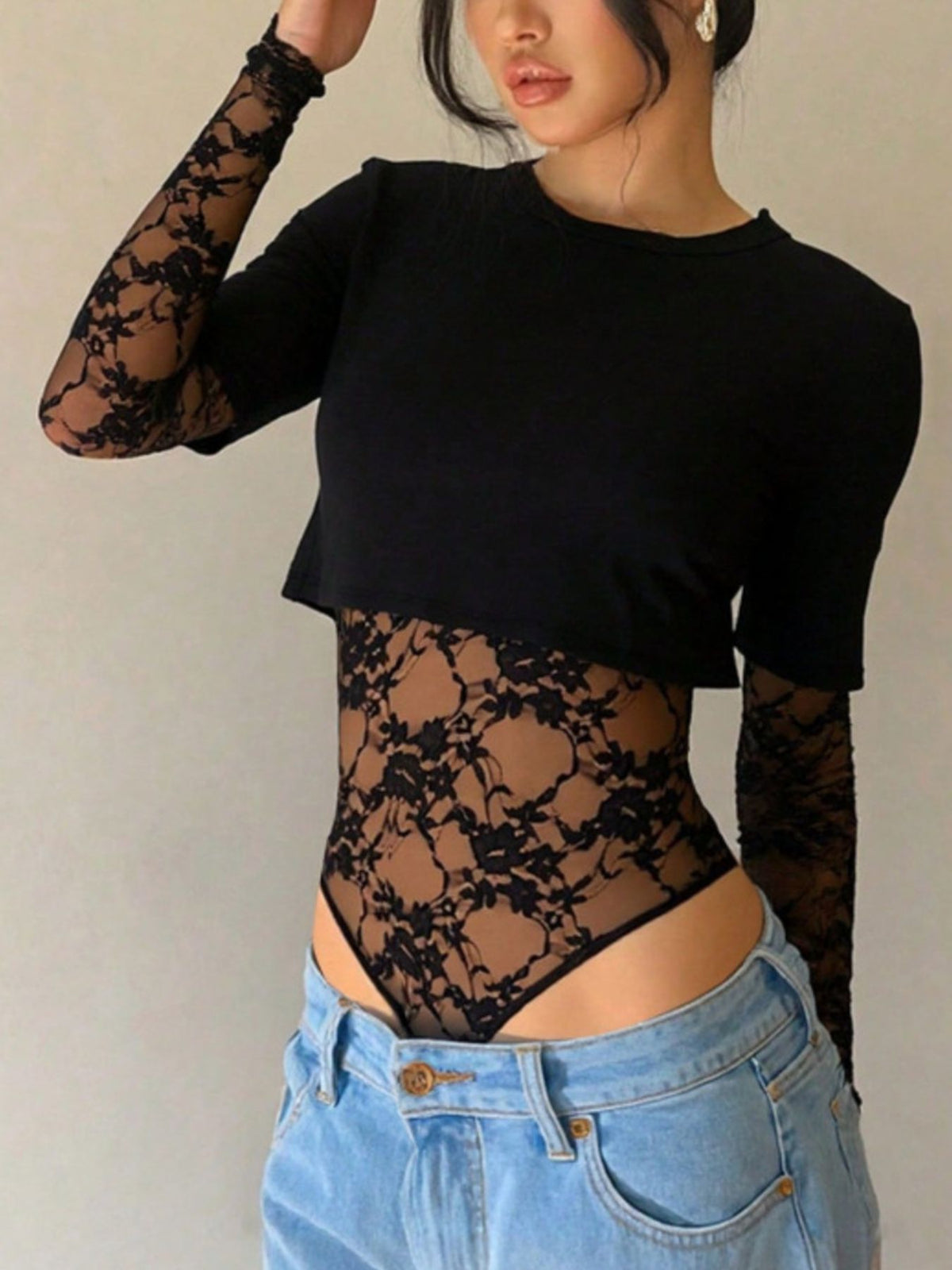 Lace Patchwork Round Neck Bodysuit - Lilixa.store