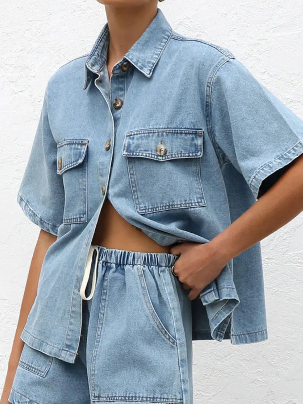 Button Up Half Sleeve Denim Shirt - Lilixa.store
