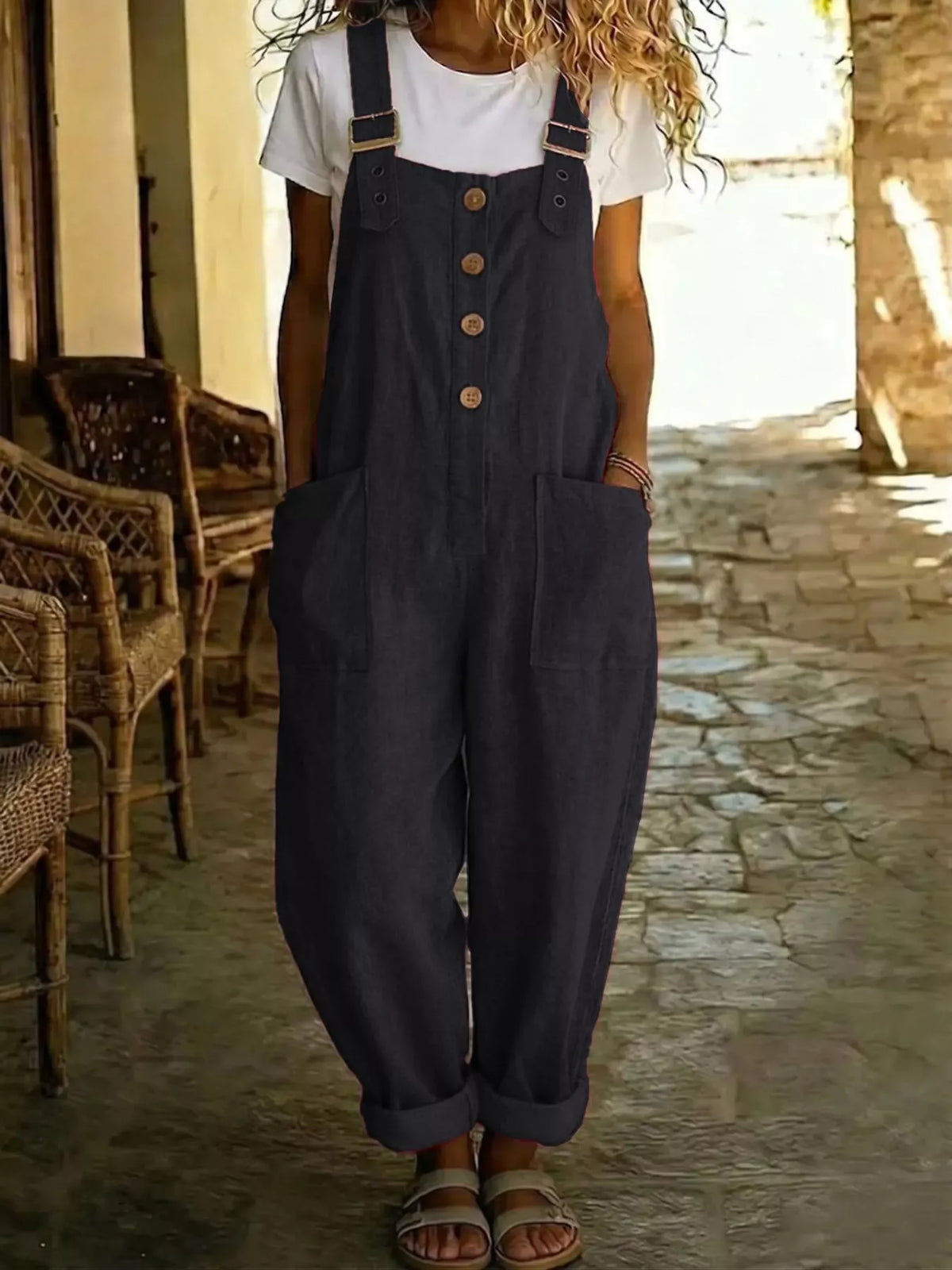 Casual Button Front Wide Leg Overalls - Lilixa.store