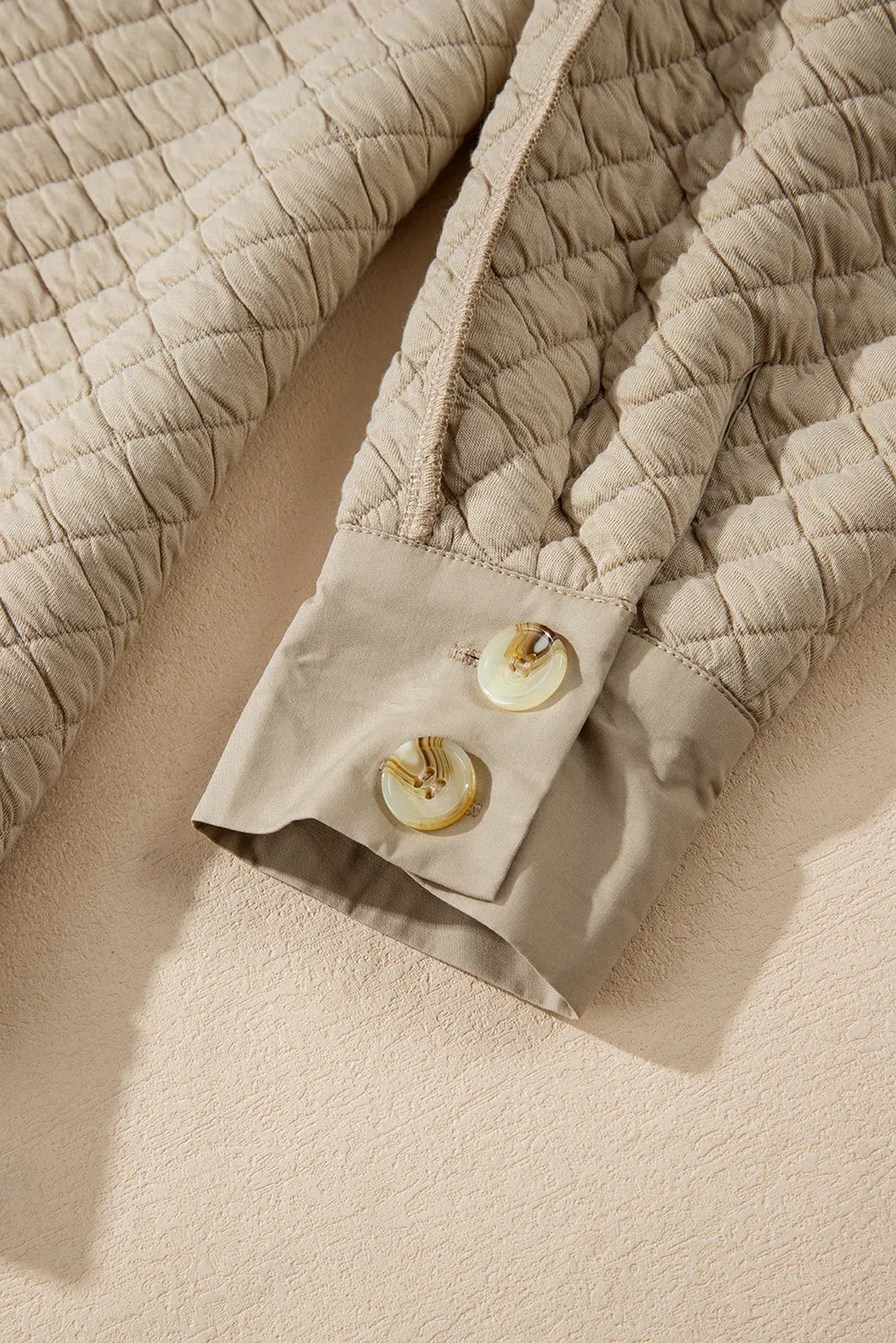 Exposed Seam Collared Neck Button Up Shacket in Beige, view 9