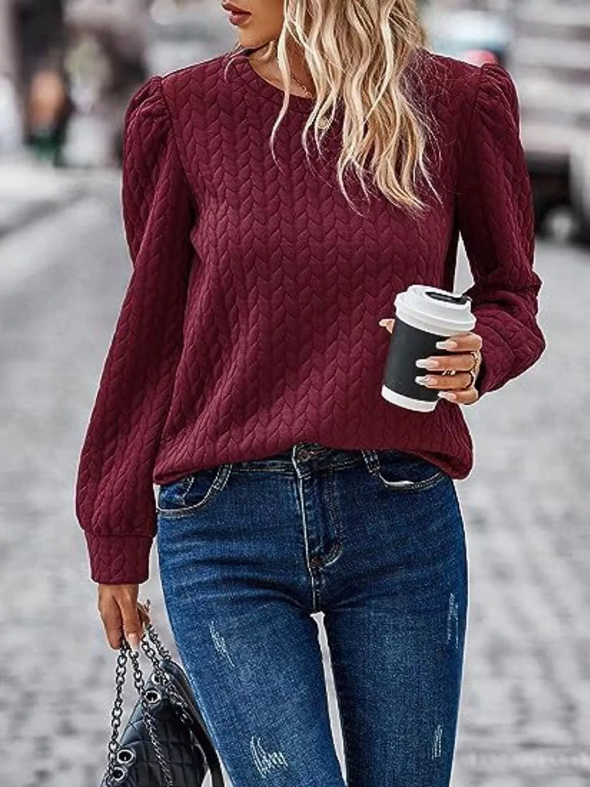 Texture Round Neck Long Sleeve Sweatshirt - Lilixa.store