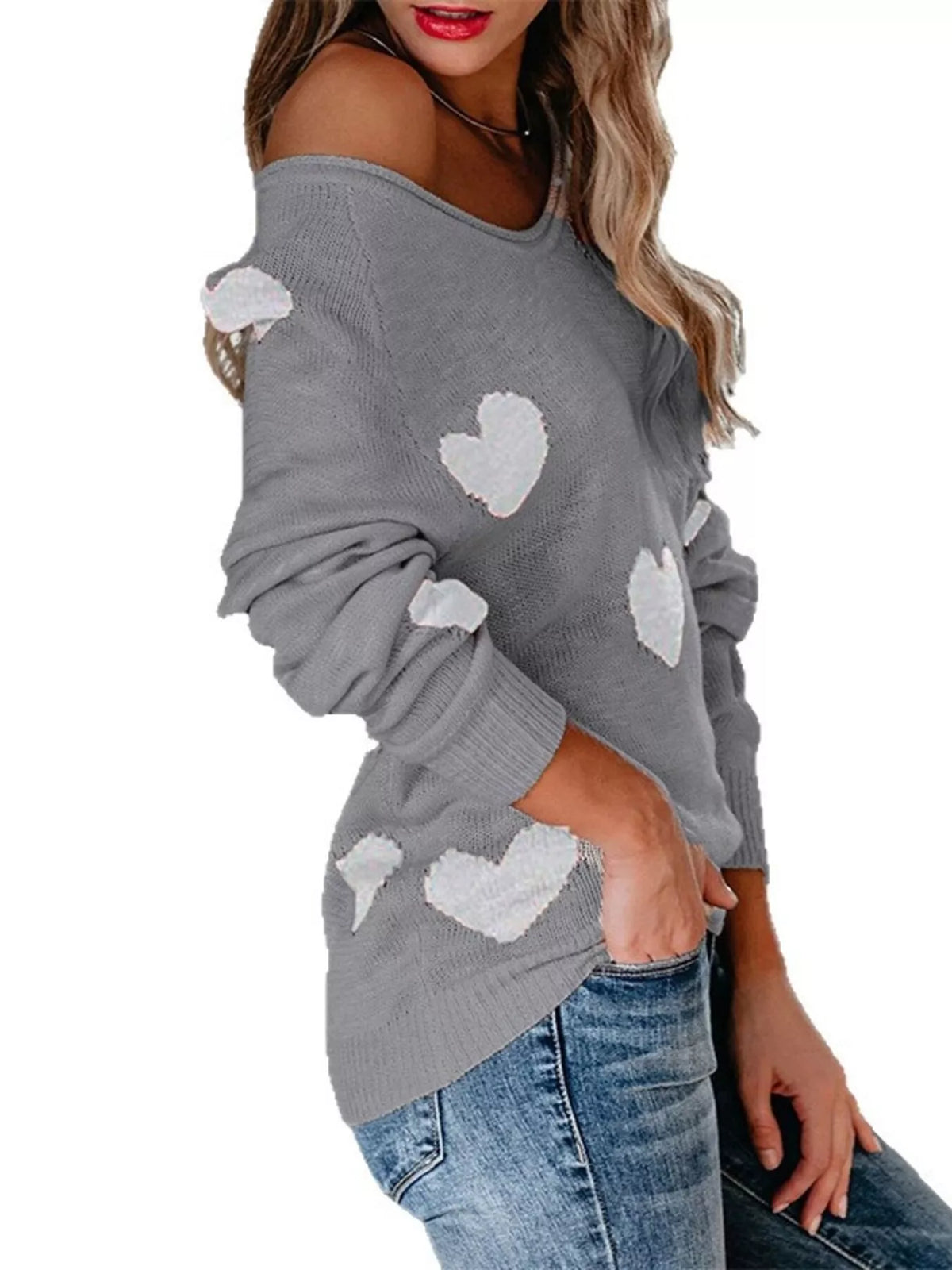 Heart Pattern V-Neck Sweater
