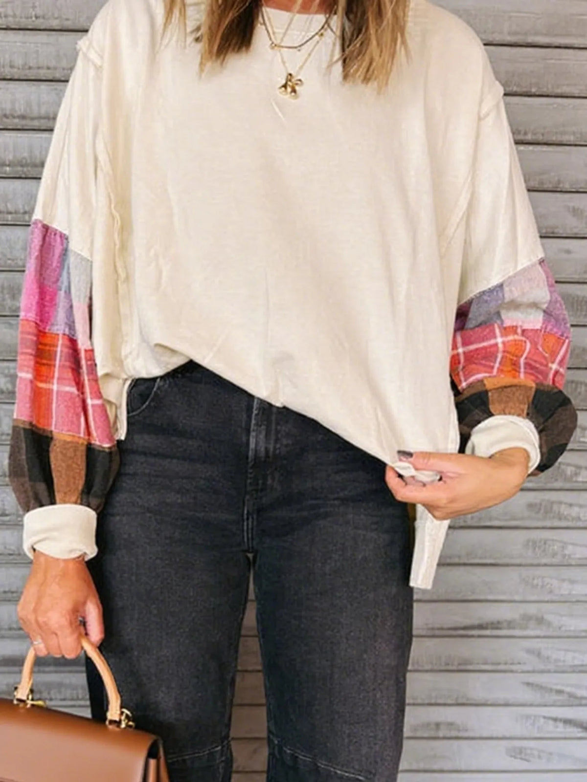 Plaid Sleeve Contrast Casual Sweatshirt - Lilixa.store