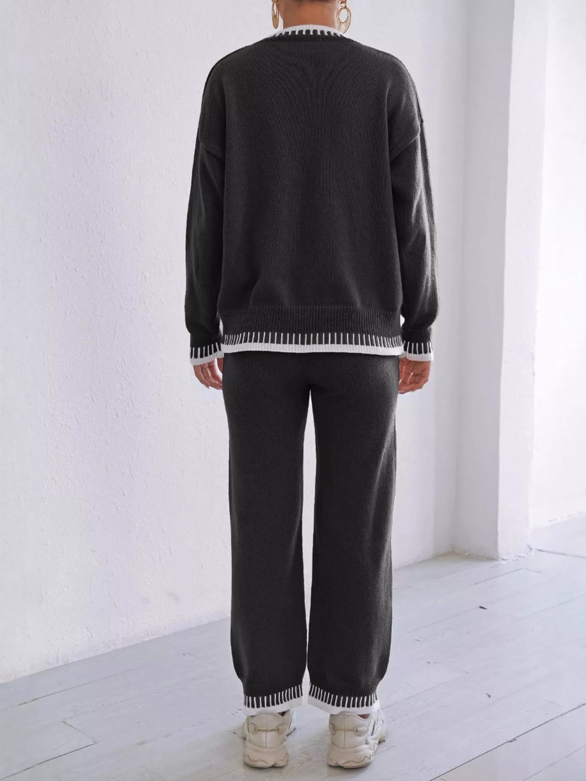 Contrast Trim Crew Neck Sweater and Pants Set