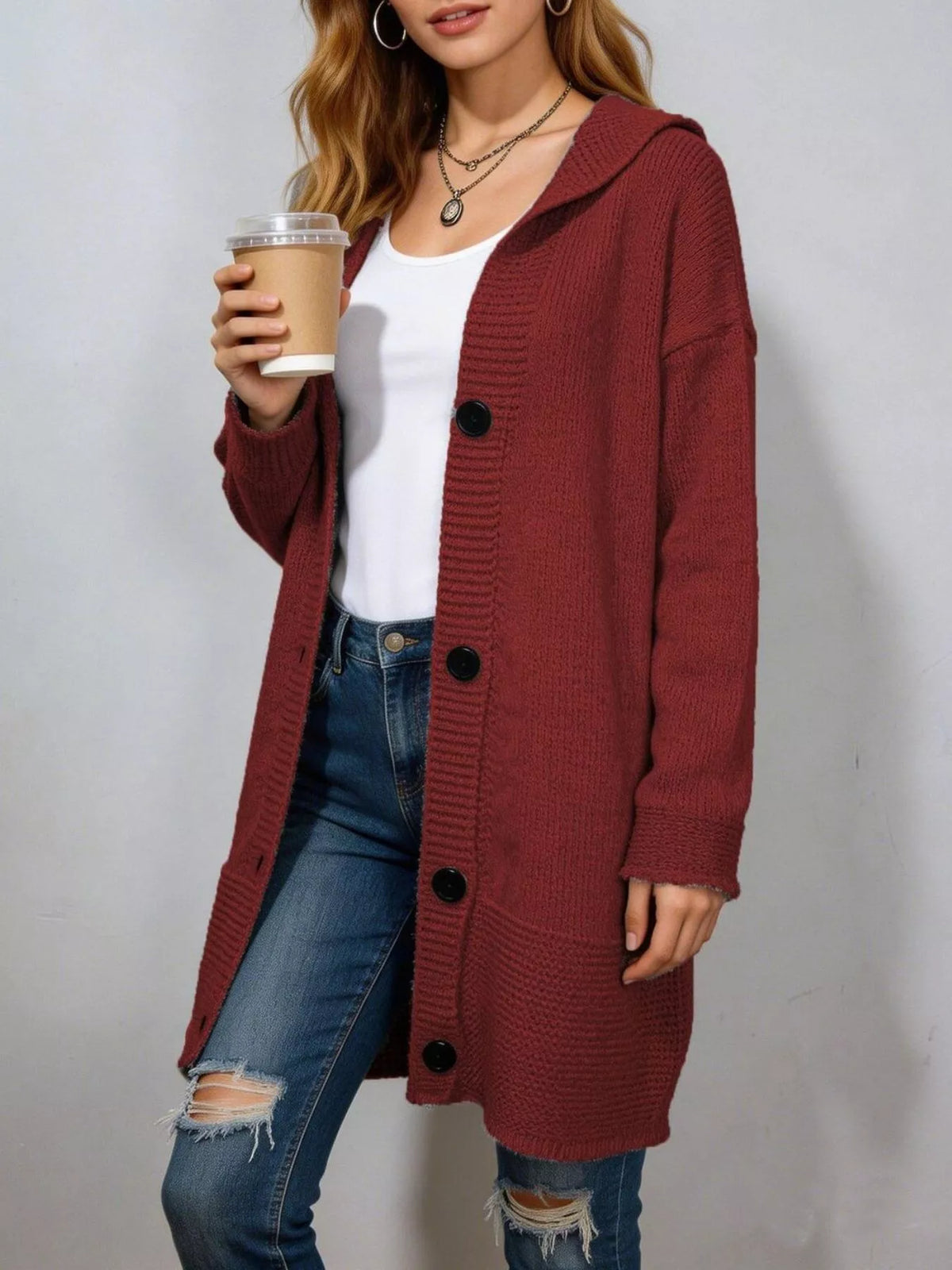 Full Size Casual Hooded Button-Down Knit Cardigan Plus Size - Lilixa.store