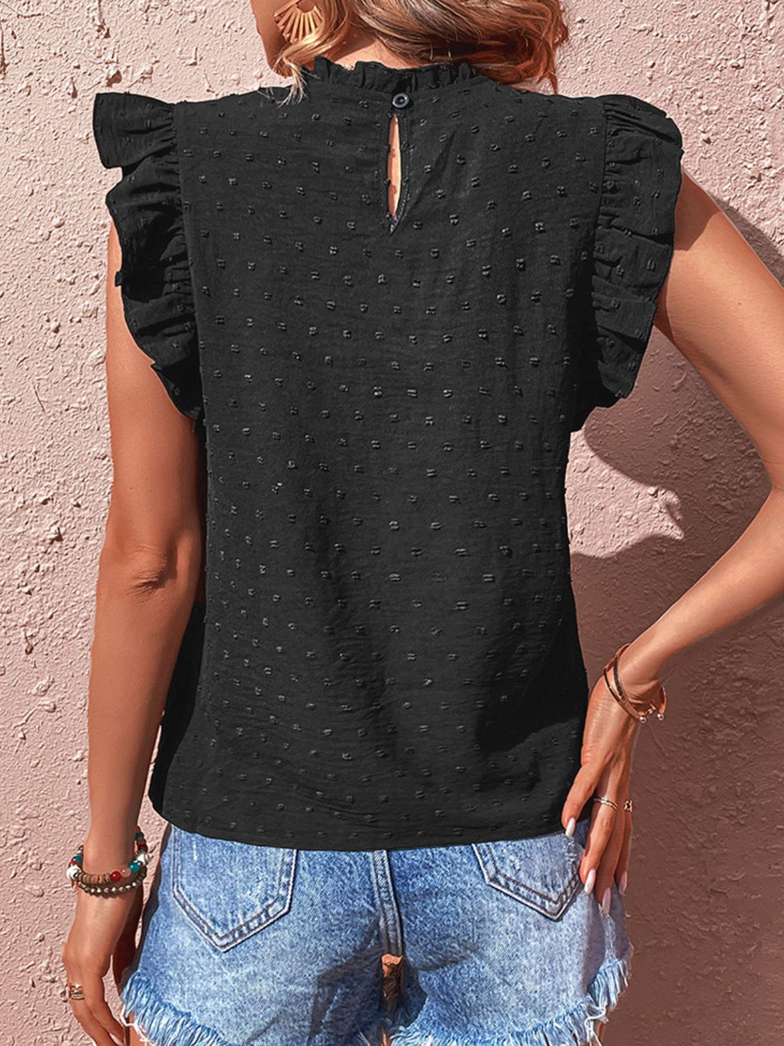 Perfee Swiss Dot Butterfly Sleeve Top in Black, view 2
