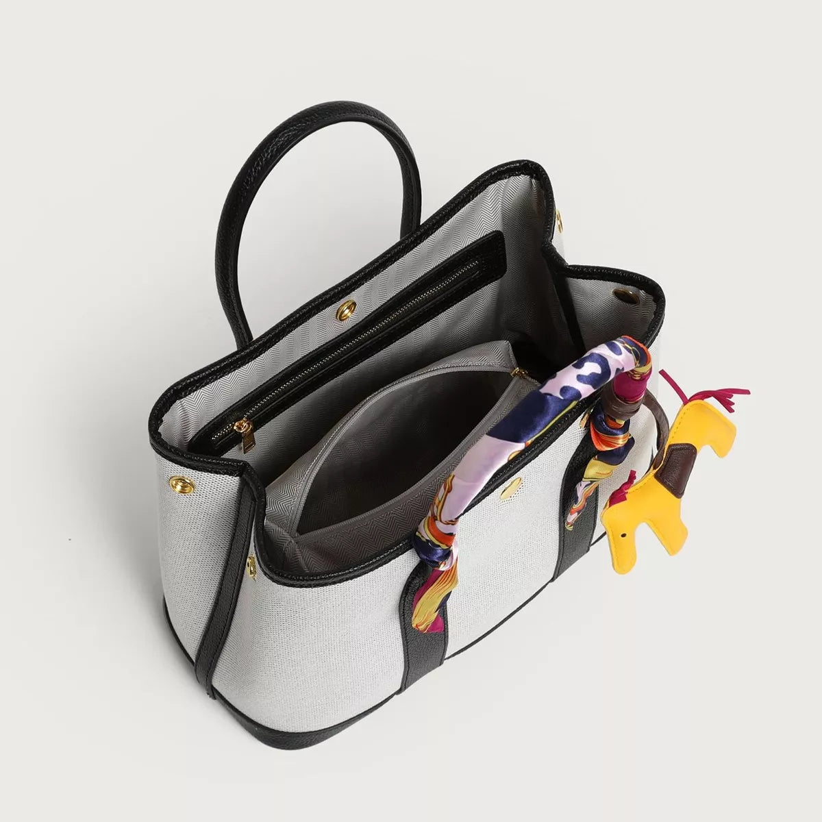 Canvas Handbag with Silk Scarf and Horse Charm in Black, view 3