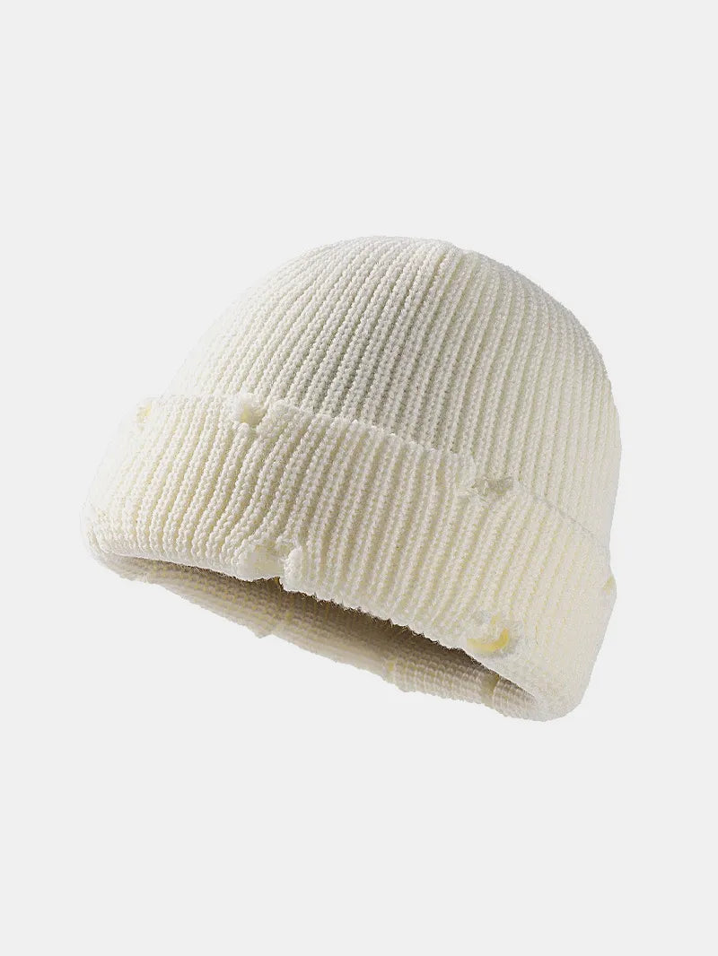 Distressed Cuffed Knit Hat in White