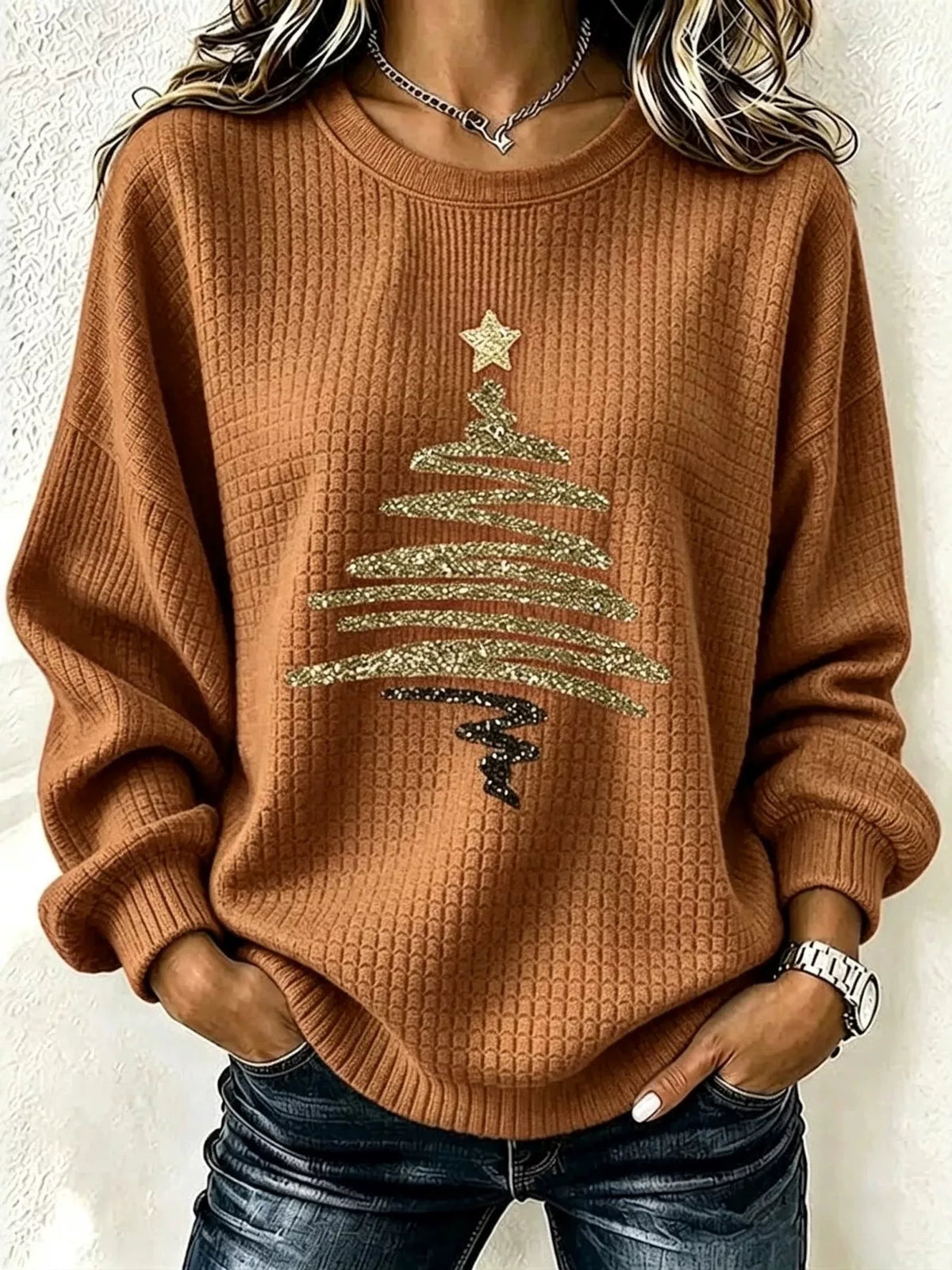 Full Size Festive Christmas Tree Graphic Ribbed Sweatshirt Plus Size in Sherbet