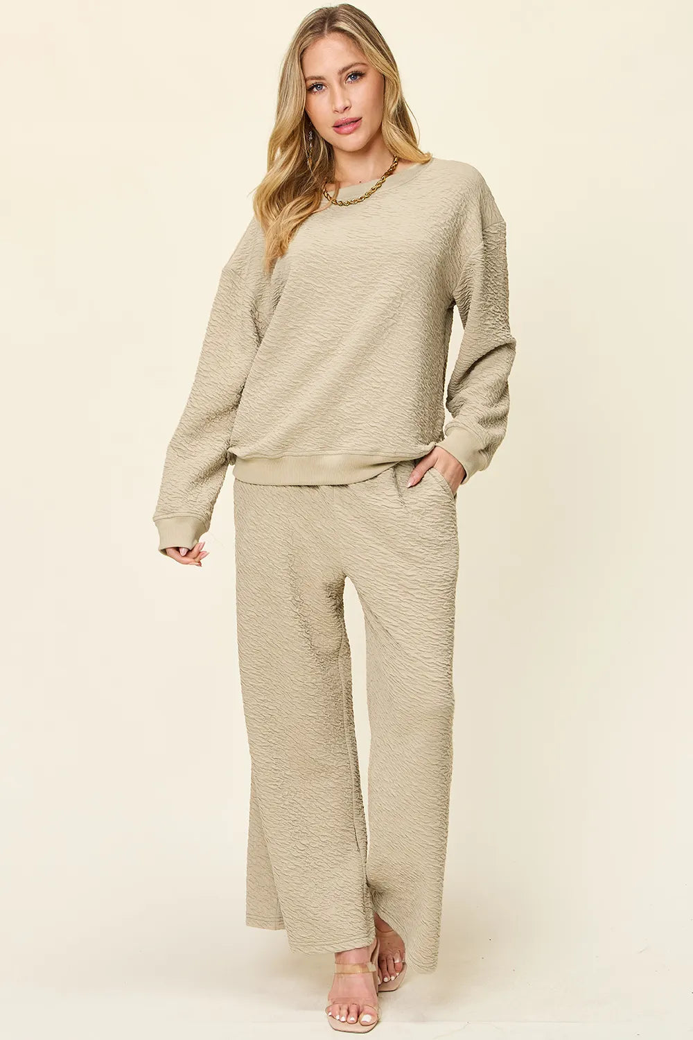Double Take Full Size Texture Long Sleeve Top and Pants Set in Tan