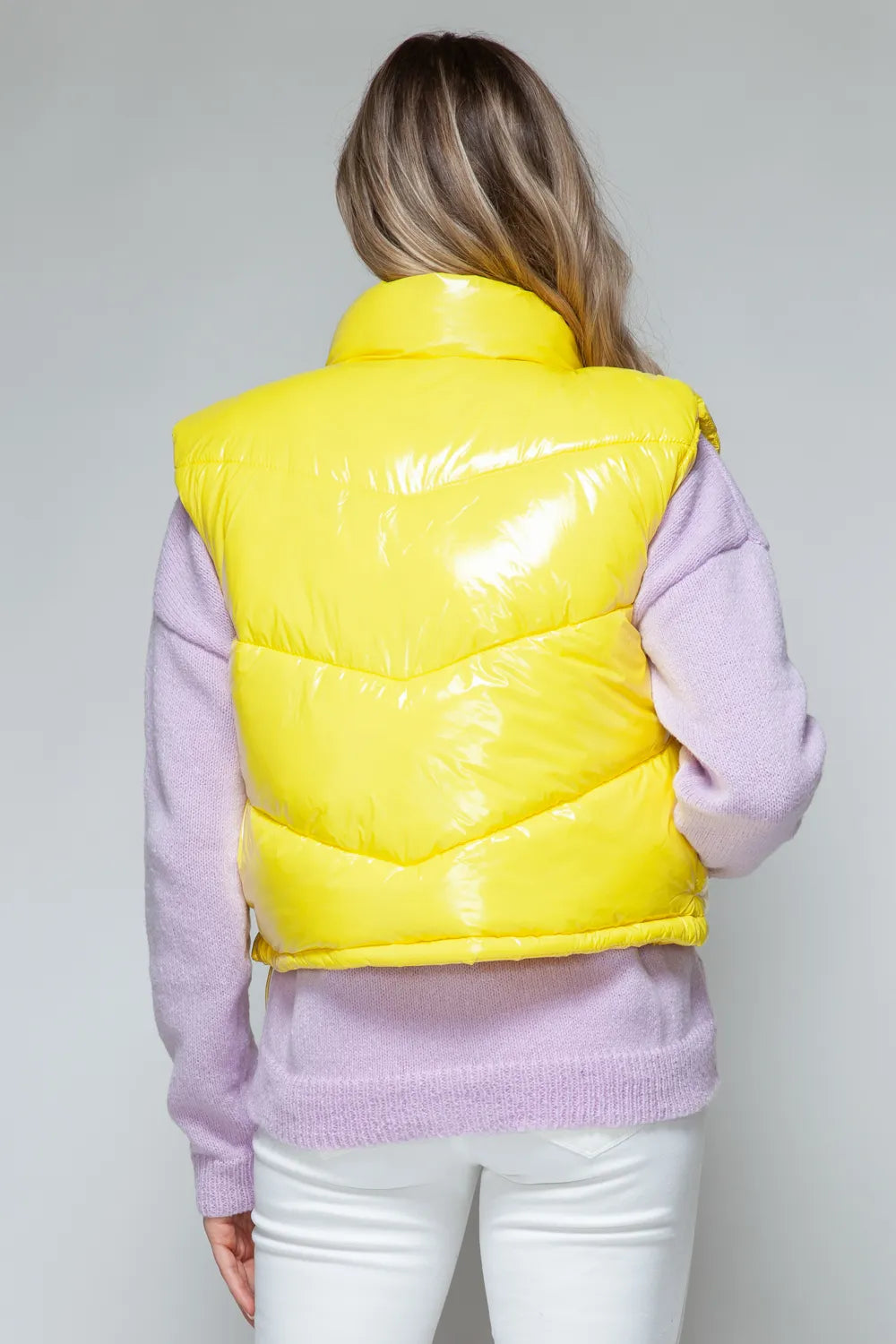 Snobbish Zip Up Turtleneck Shiny Quilted Vest in Yellow, view 2