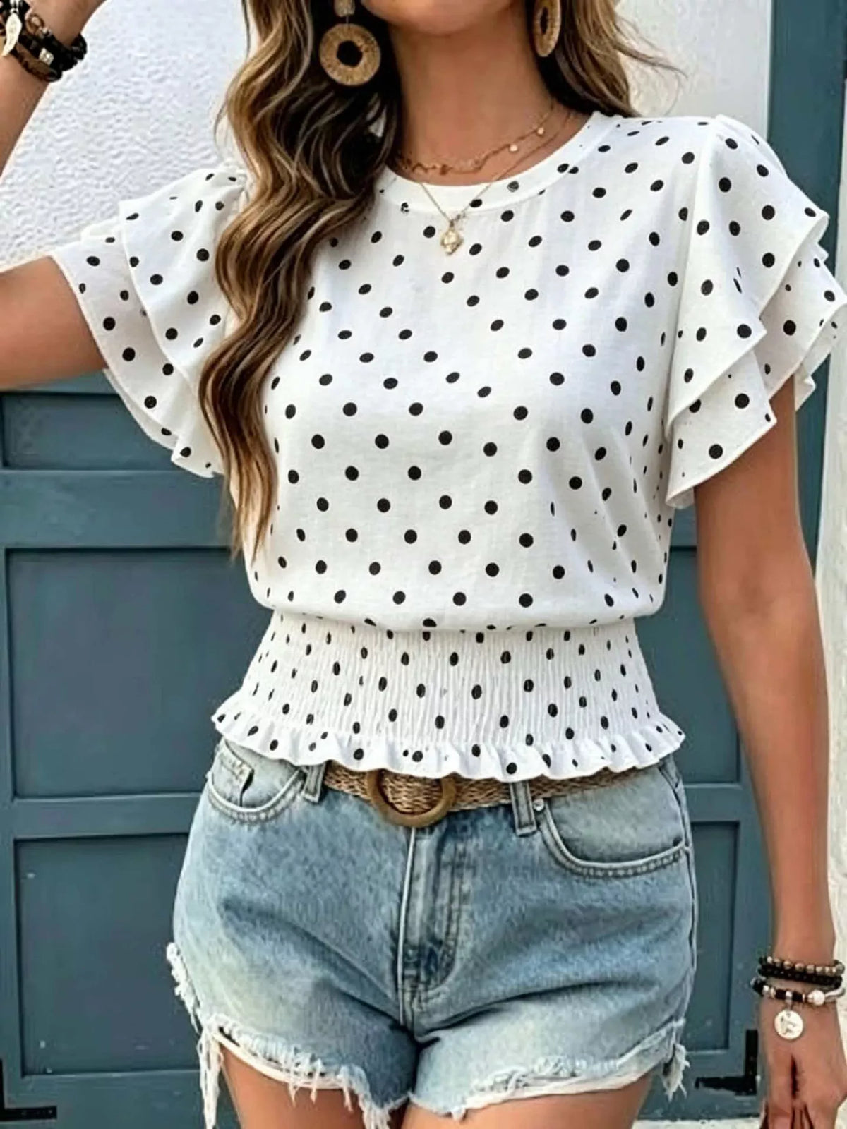 Polka Dot Ruffle Sleeve Blouse - Lilixa.store