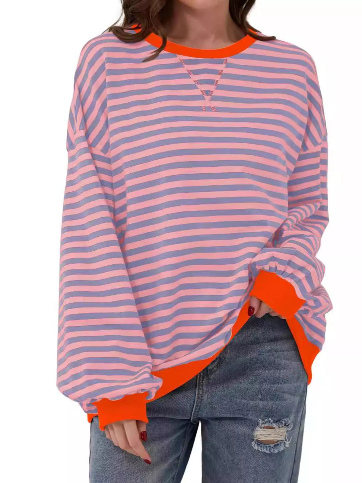 Striped Contrast Trim Oversized Sweatshirt - Lilixa.store