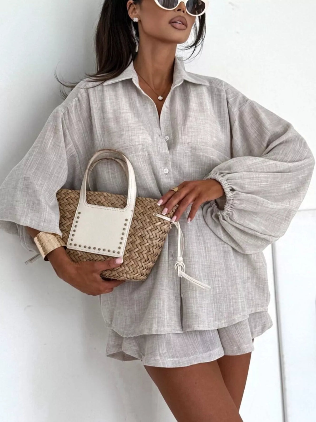 Long Sleeve Shirt and High-Waisted Shorts Set - Lilixa.store