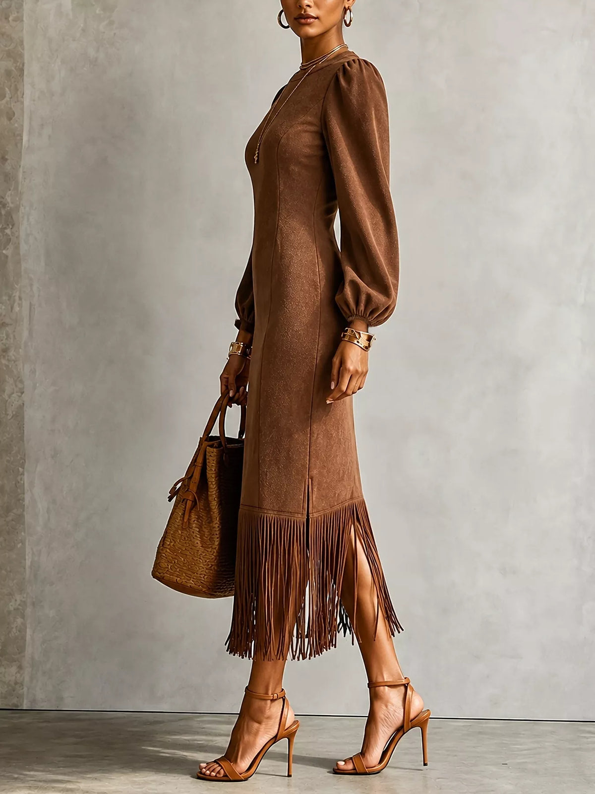 Fringe Balloon Sleeve Midi Dress