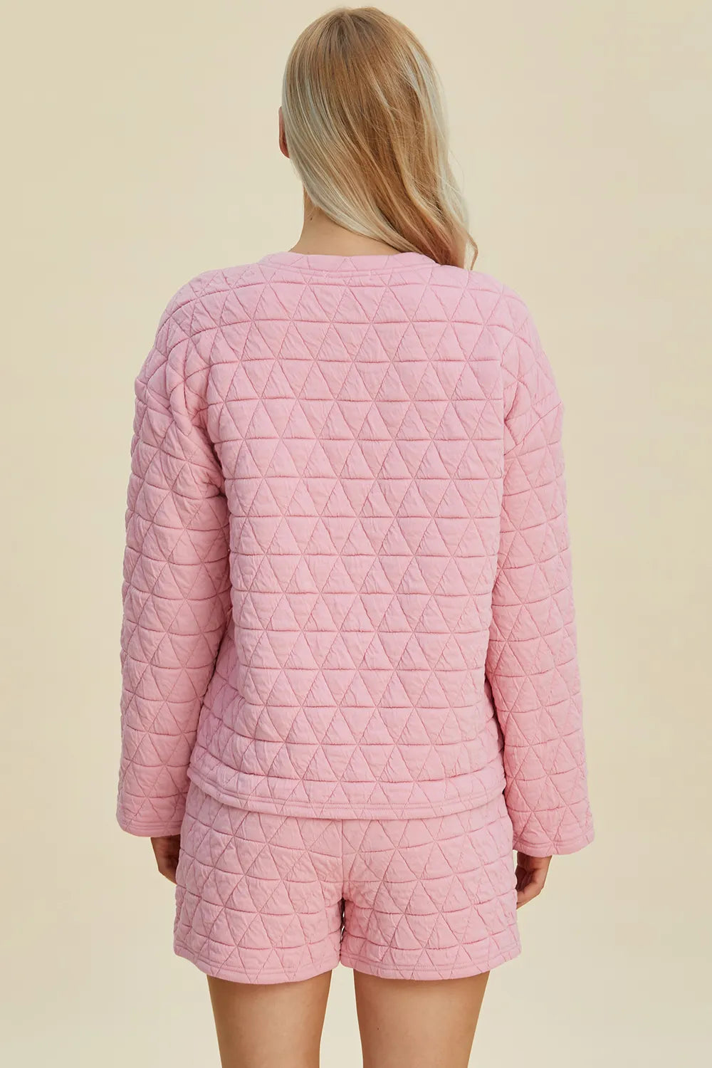 Double Take Full Size Texture Round Neck Long Sleeve Top and Shorts Set - Lilixa.store