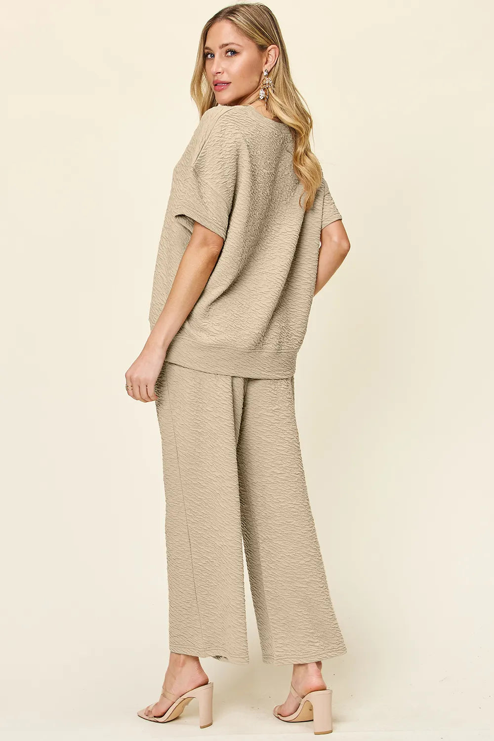 Double Take Full Size Texture Short Sleeve Top and Pants Set, view 2