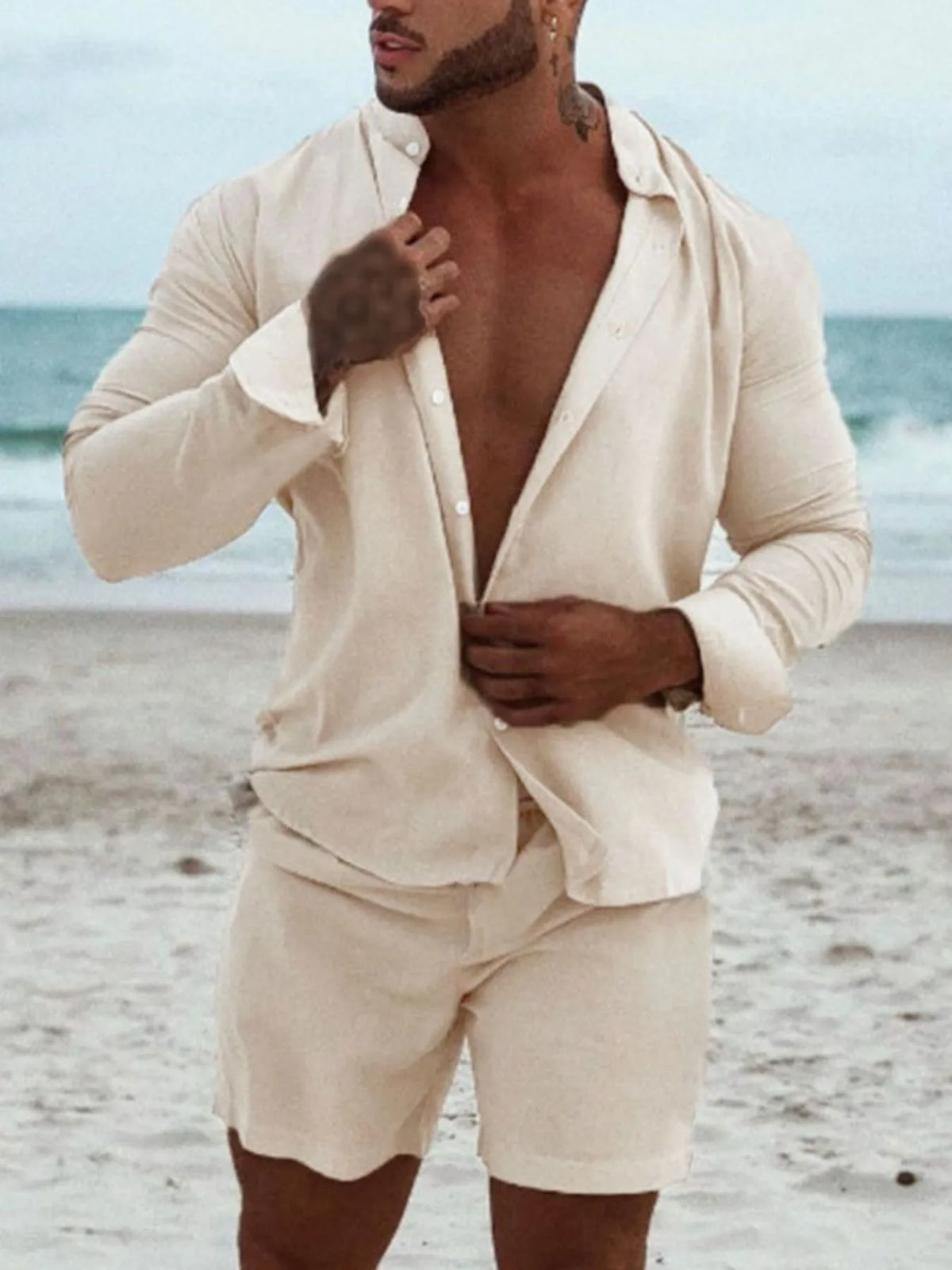 Men's Full Size Button Up Long Sleeve Shirt and Shorts Set Plus Size in Apricot