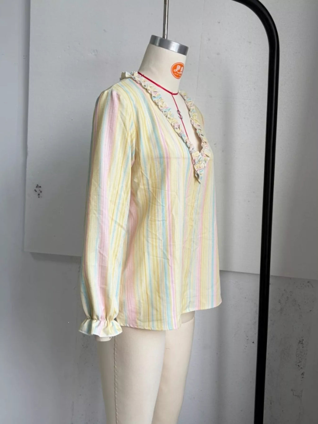 Striped Ruffle-Trim V-Neck Blouse - Lilixa.store