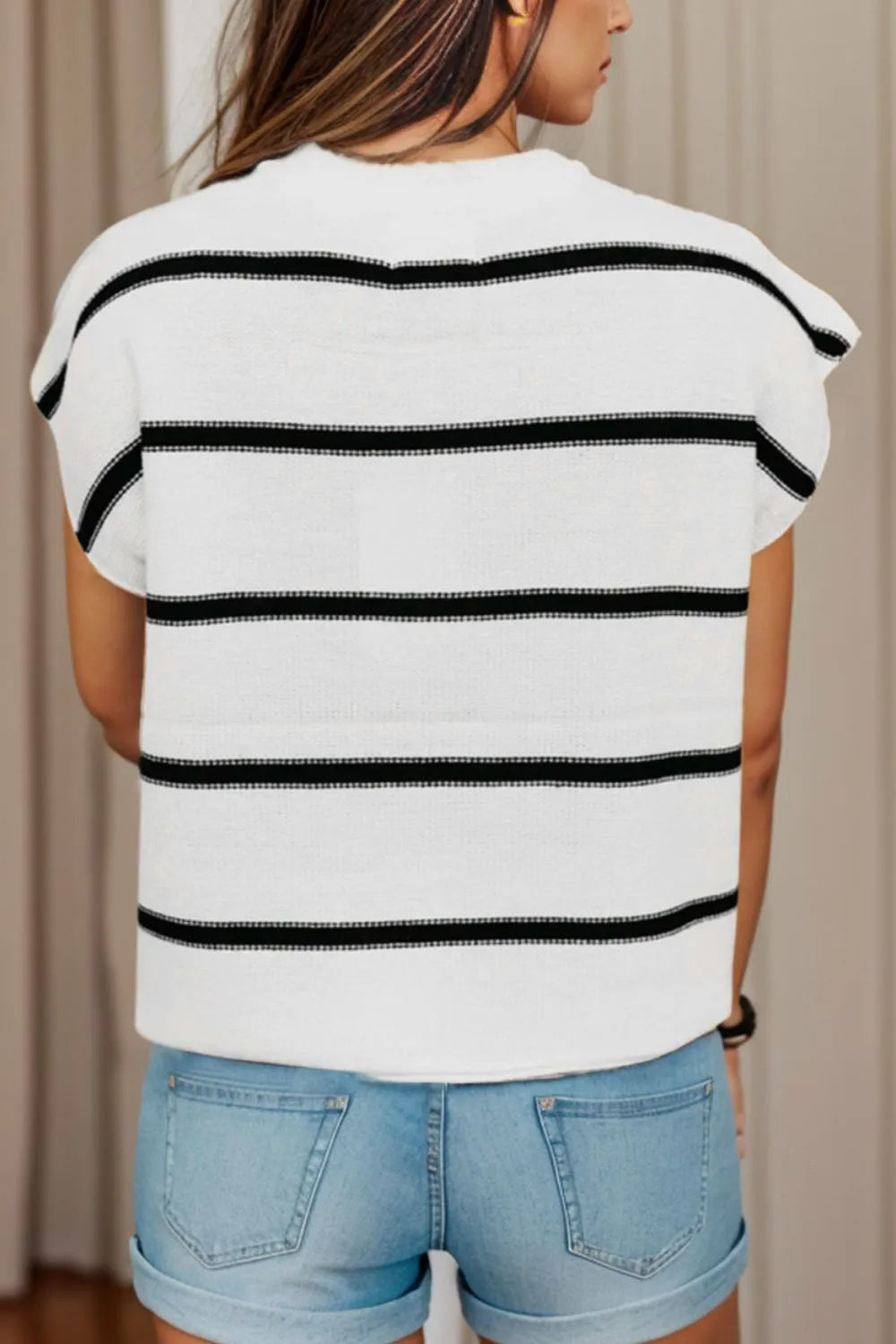 Striped Round Neck Cap Sleeve Sweater in White, view 2