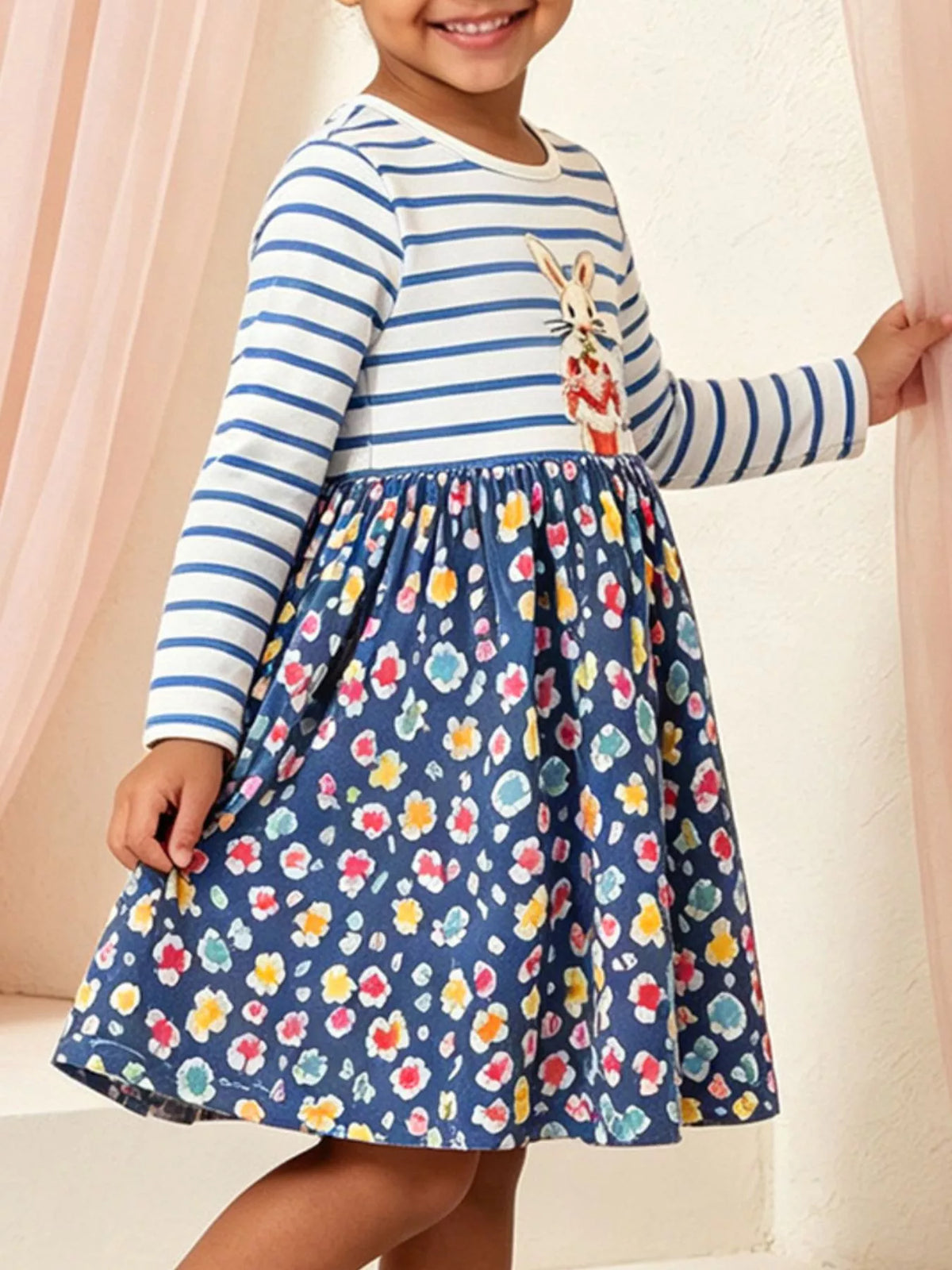 Children's Bunny Graphic Striped Floral Print Dress in Dark Blue, view 3