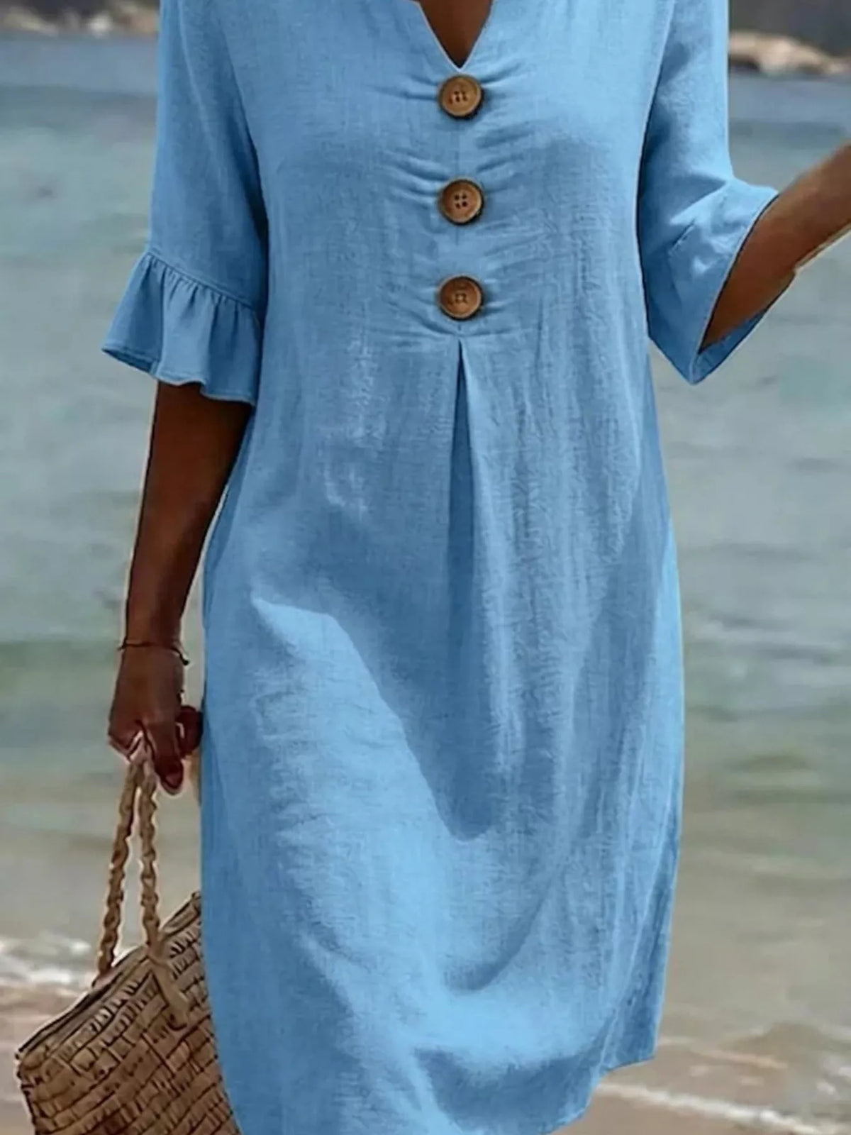 Full Size Decorative Button Ruffle Half Sleeve Dress Plus Size - Lilixa.store