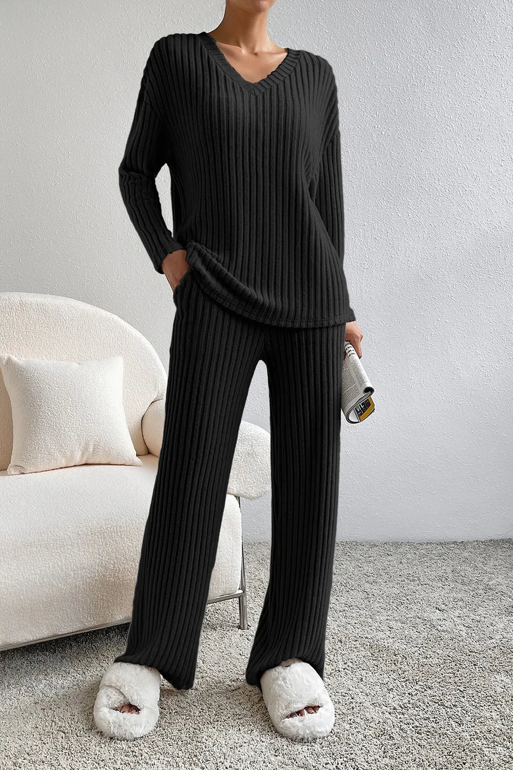 Ribbed V-Neck Top and Pants Lounge Set - Lilixa.store