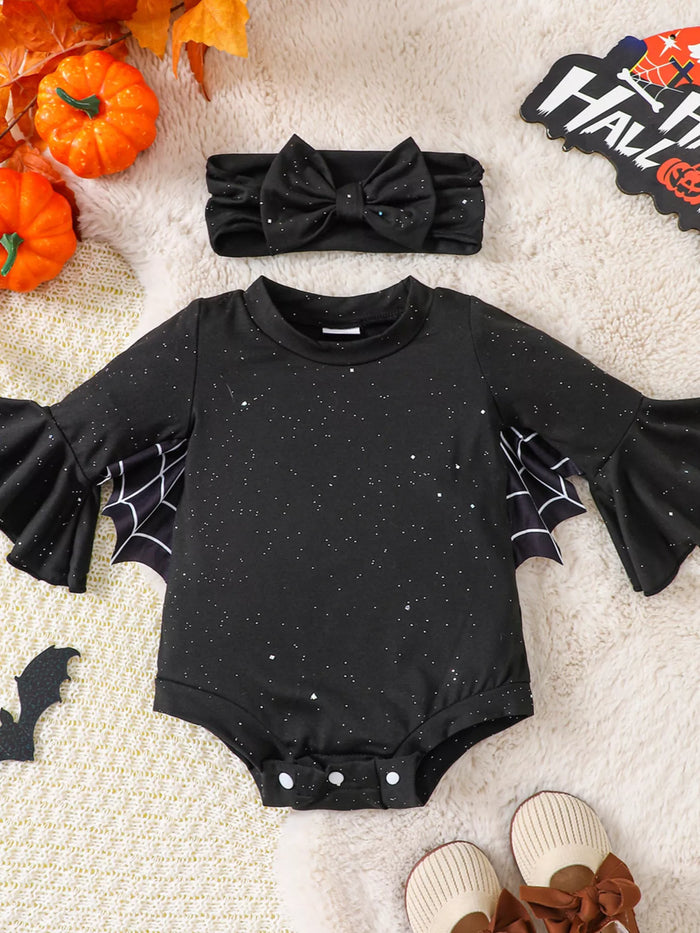 Children's Halloween Spiderweb Print Long Sleeve Bodysuit and Bow Headband Set - Lilixa.store