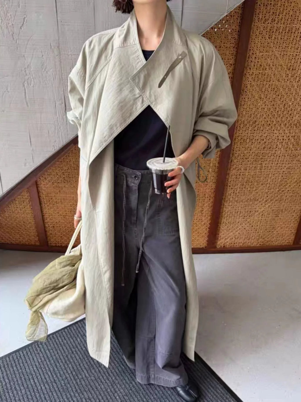 Drawstring Open Front Longline Trench Coat in Sage