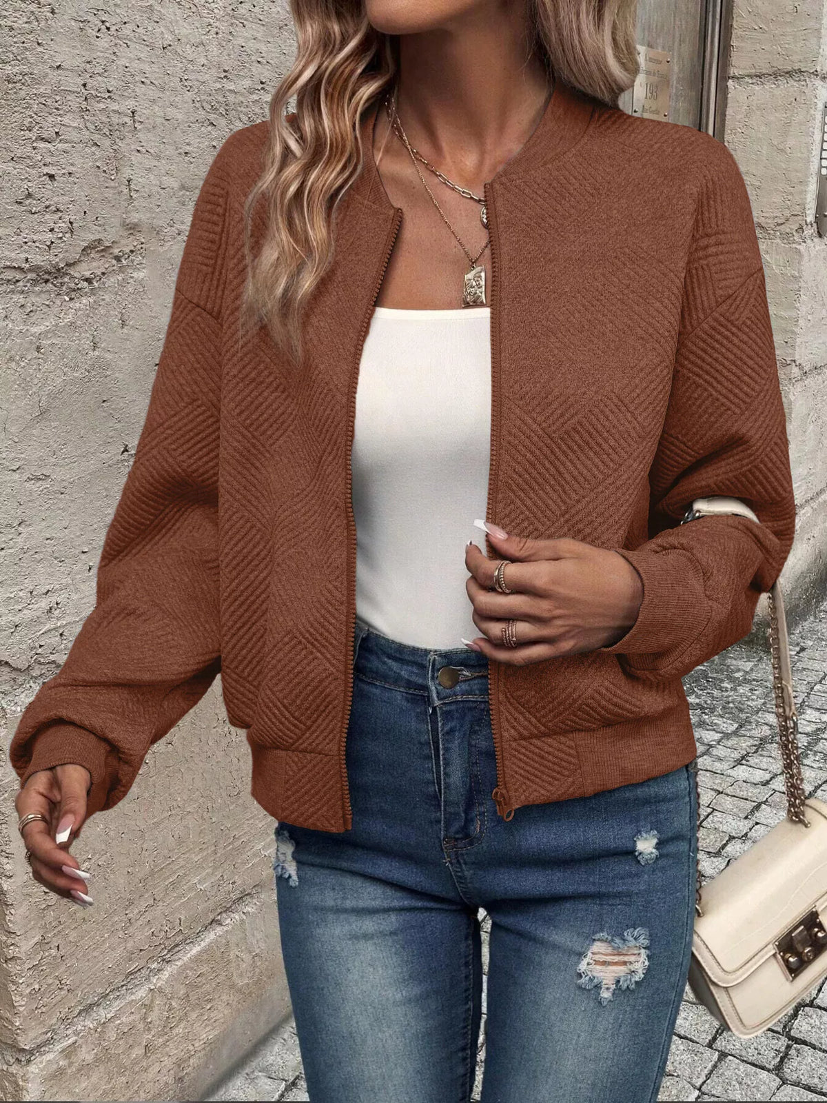 Textured Knit Zip-Up Jacket - Lilixa.store