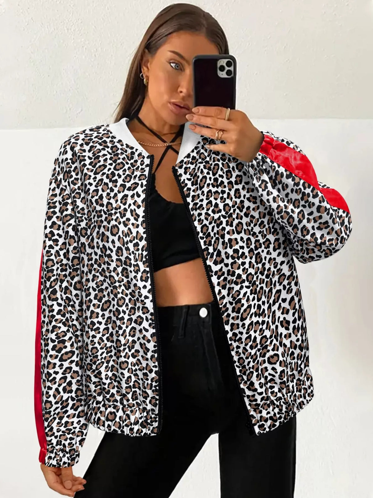 Leopard Zip Up Bomber Jacket with Contrast Side Stripes - Lilixa.store