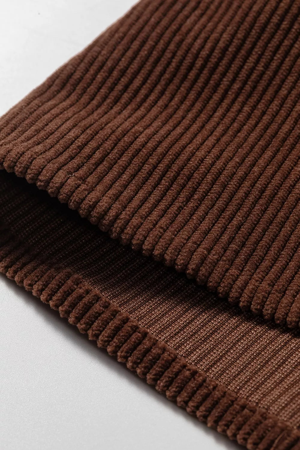Solid Color Ruffle Trim V Neck Long Sleeve Button Corduroy Shakcet in Dark Brown, view 11
