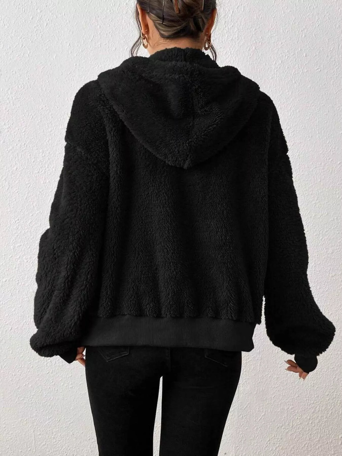 Zip-Up Plush Hooded Outerwear in Black, view 2