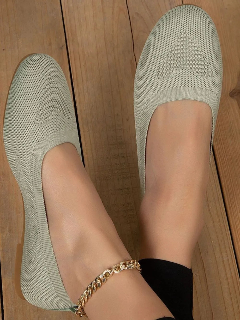 Polyester Flat Slip-Ons in Sage