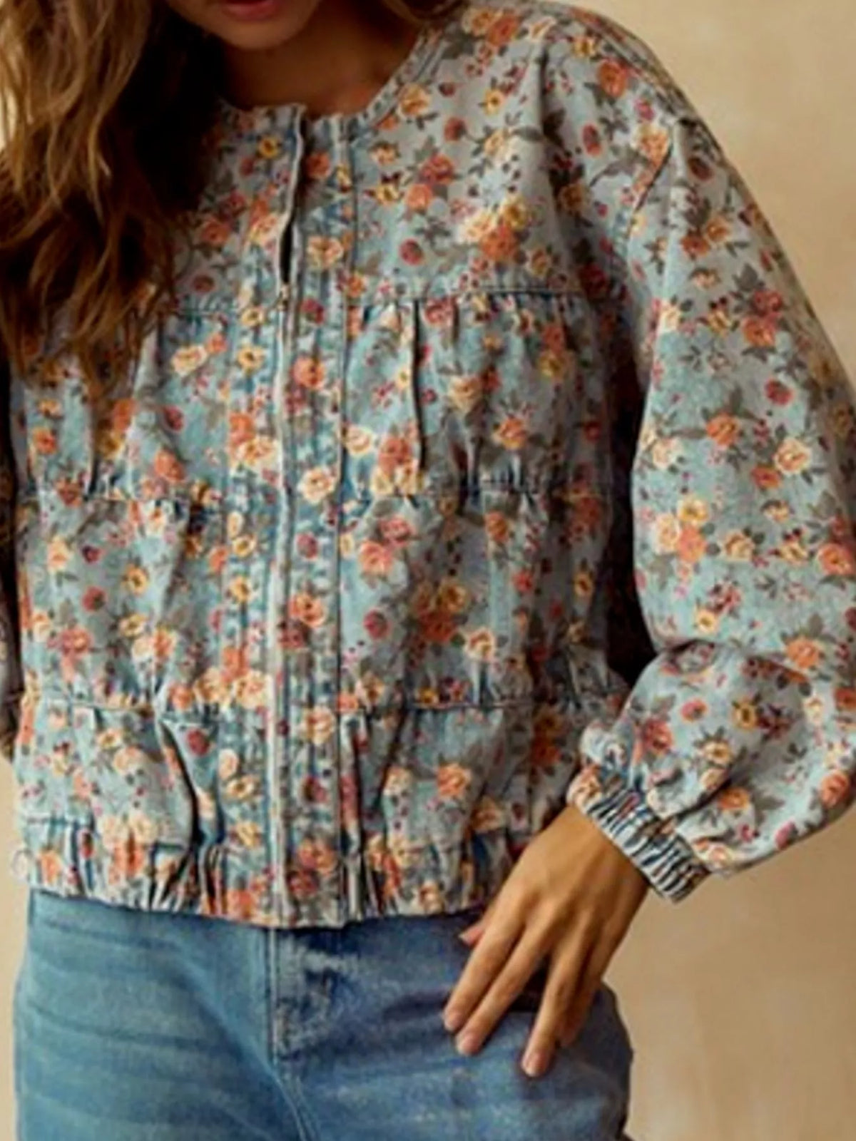 Floral Print Zip Up Cropped Denim Jacket, view 6